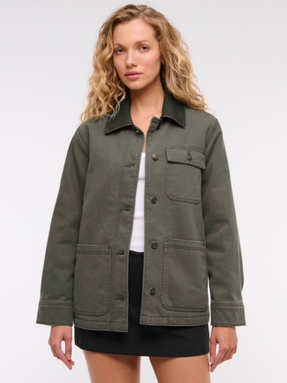 Abercrombie & Fitch Olive Green Canvas Jacket with Dark Brown Collar - Picture 3 of 7